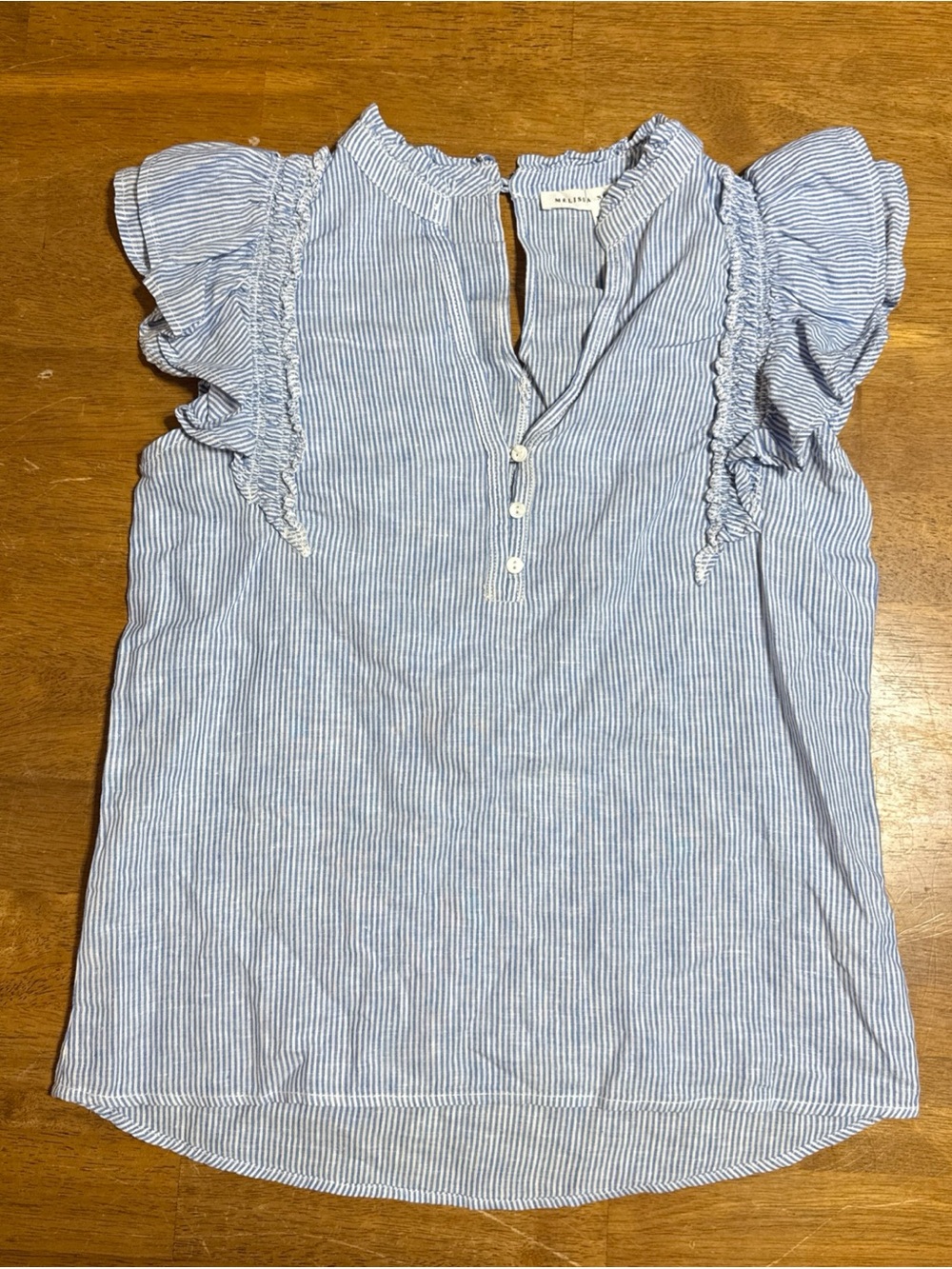 MELISSA NEPTON Blue & White Striped Ruffle Sleeve linen blend Top size M